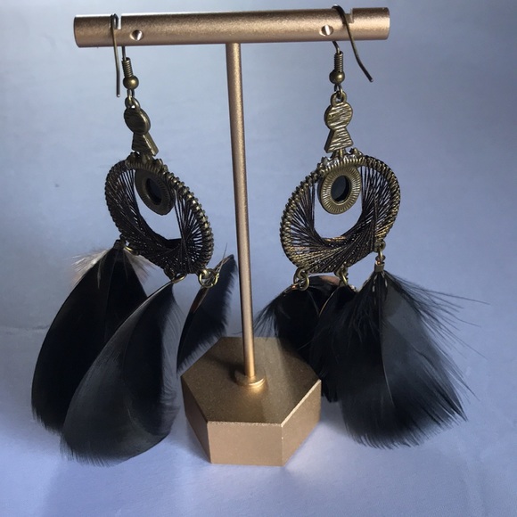 New! Bohemian Feather Drop Earrings - Picture 4 of 7